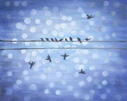 Birds on a wire with a clear blue sky