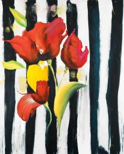 Fleurs rouges sur rayures