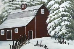 Grange rouge dans la neige