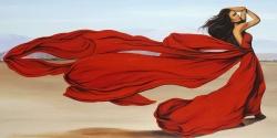  femme avec longue robe rouge dans le désert