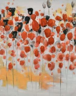 Abstract red dotted flowers field
