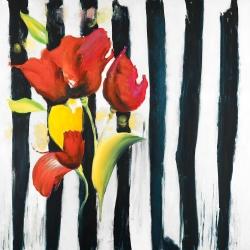 Fleurs rouges sur rayures