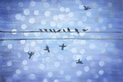 Birds on a wire with a clear blue sky