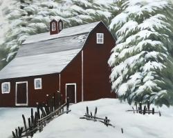 Grange rouge dans la neige