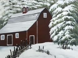 Grange rouge dans la neige