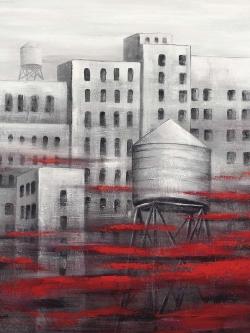 Gray city with red clouds