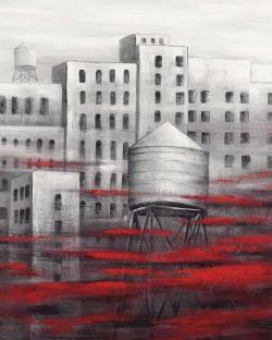 Gray city with red clouds