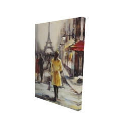 Yellow coat woman walking on the street