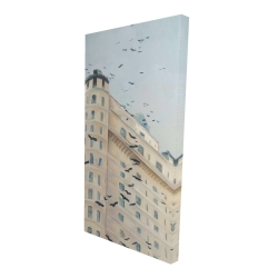 Birds flying in front of a building