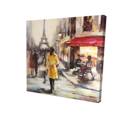 Yellow coat woman walking on the street