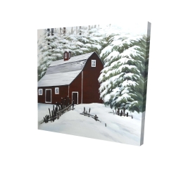 Grange rouge dans la neige
