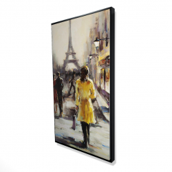 Yellow coat woman walking on the street