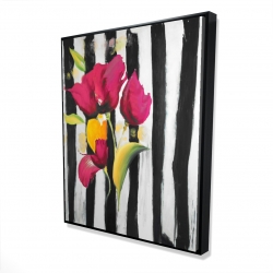 Fleurs rose sur rayures noir
