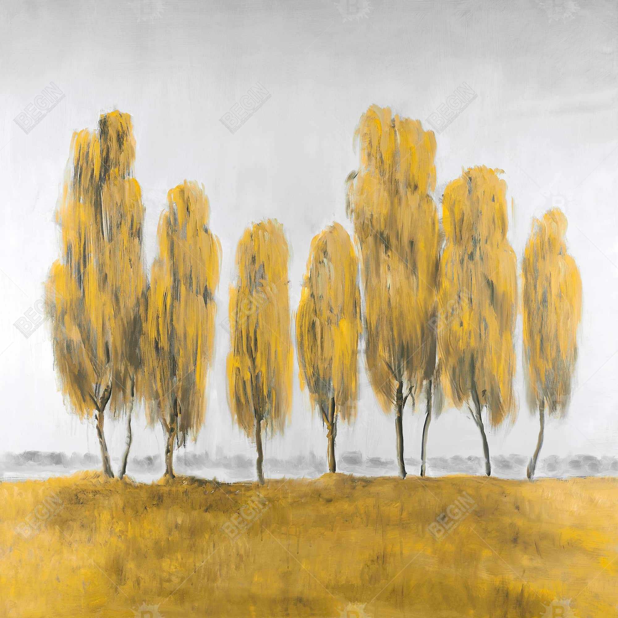 Seven abstract yellow trees