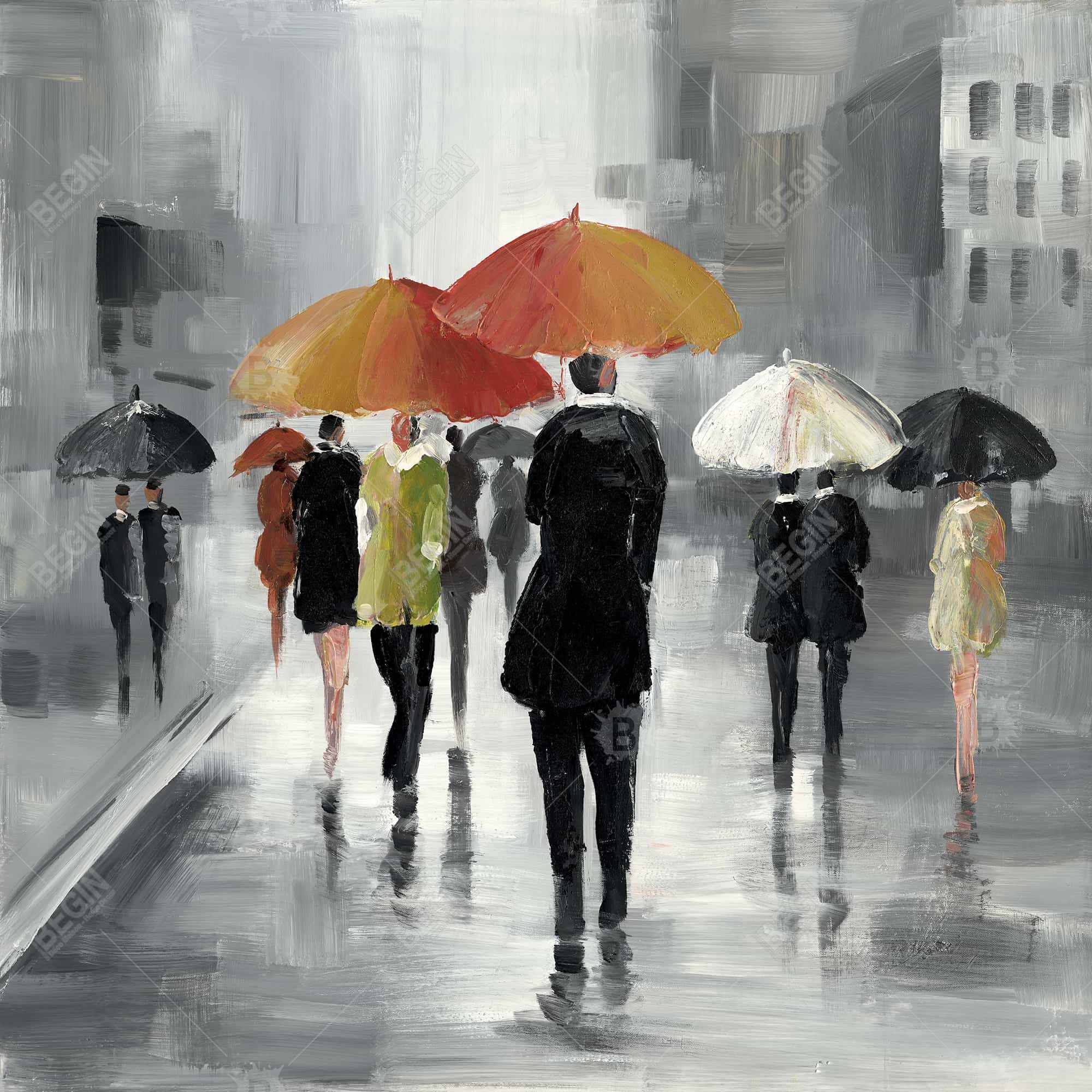 Street scene with umbrellas