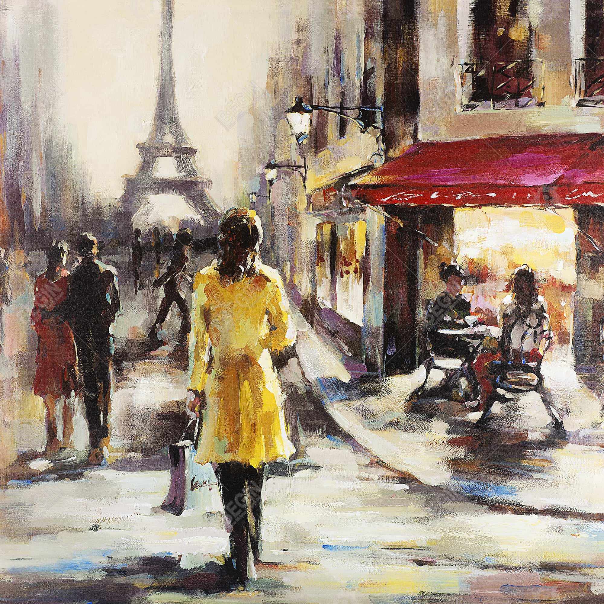 Yellow coat woman walking on the street
