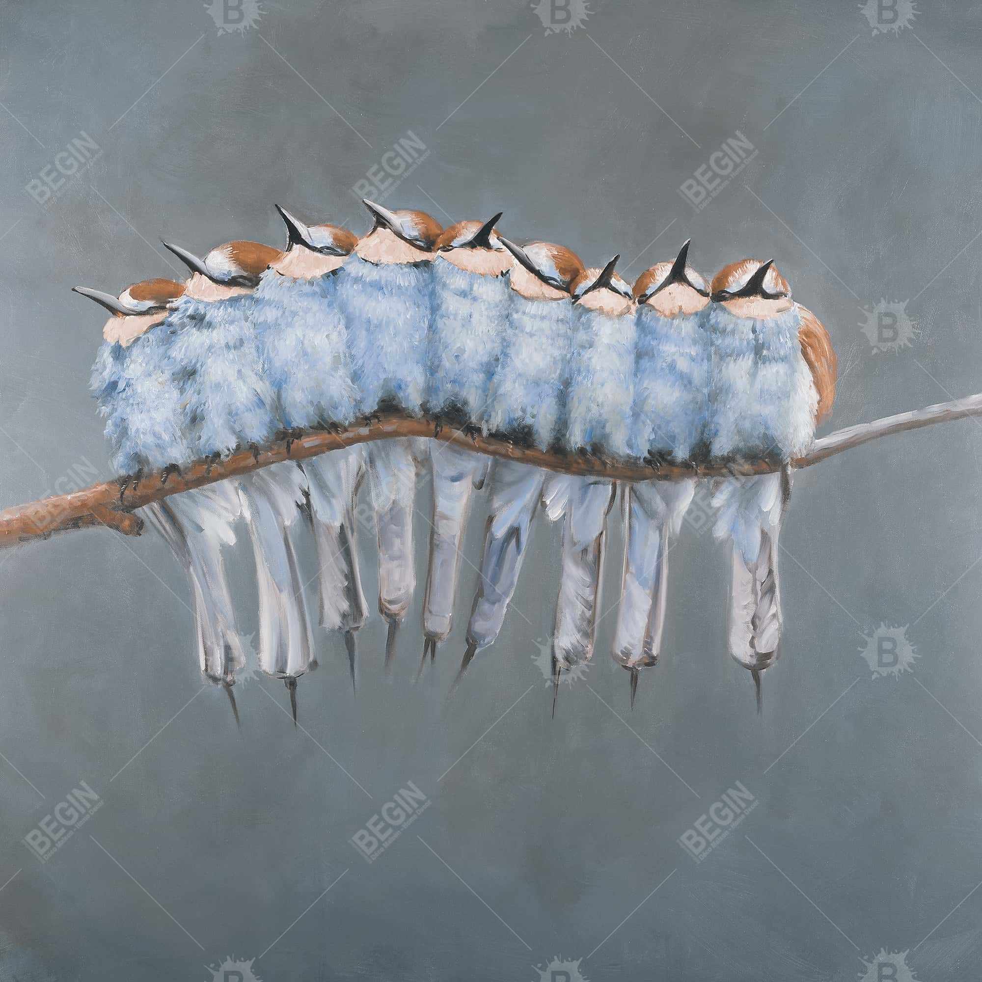 Bunch of small birds on a branch