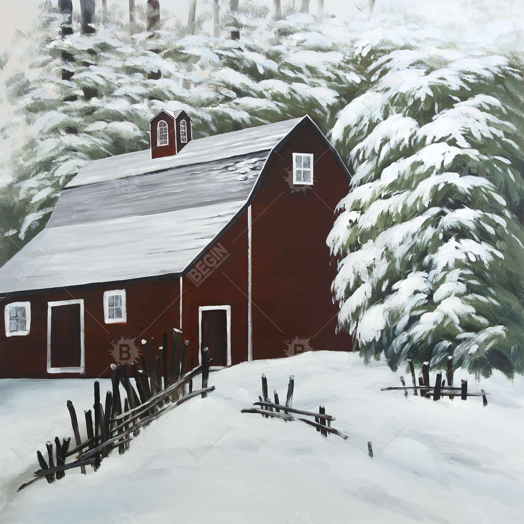 Grange rouge dans la neige