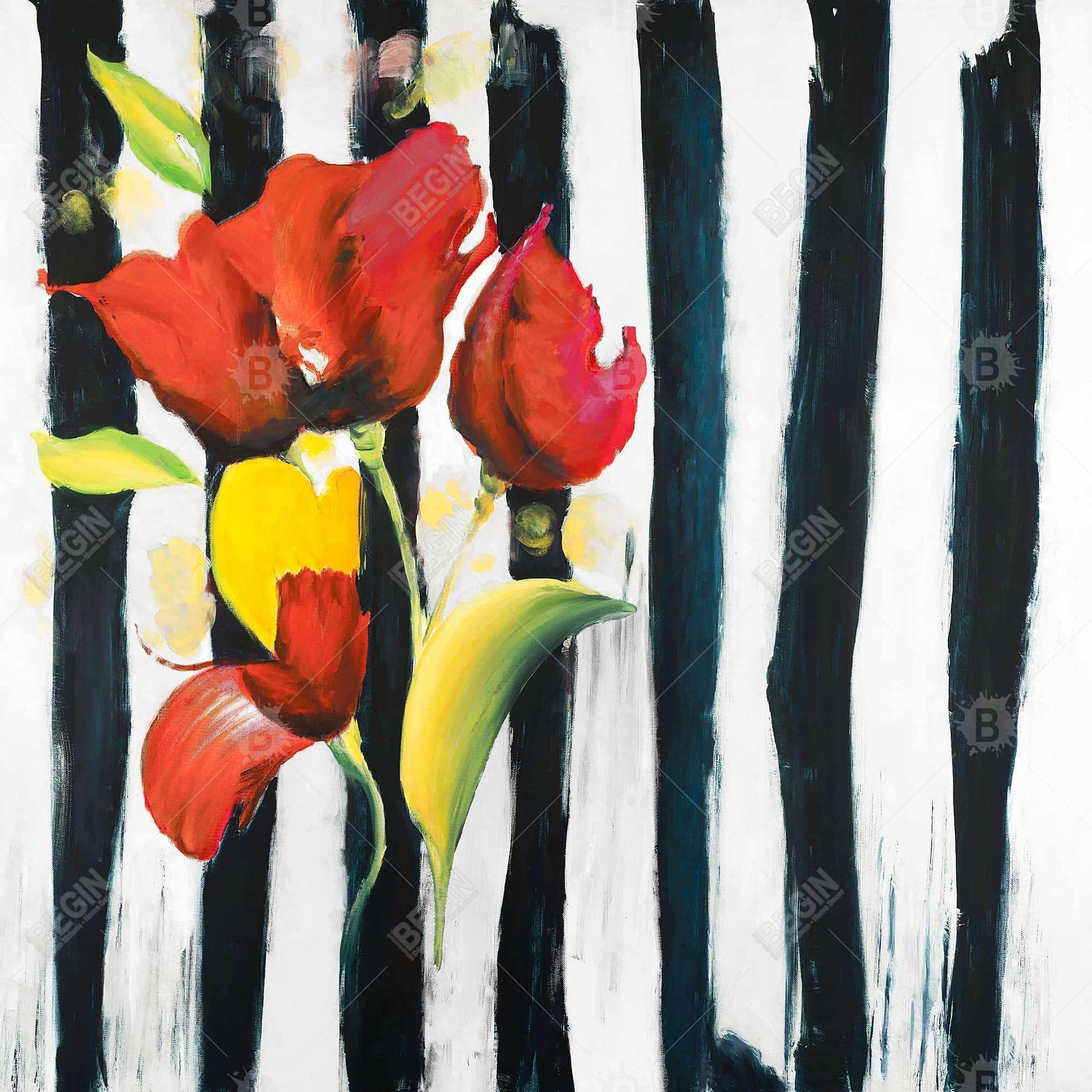 Fleurs rouges sur rayures