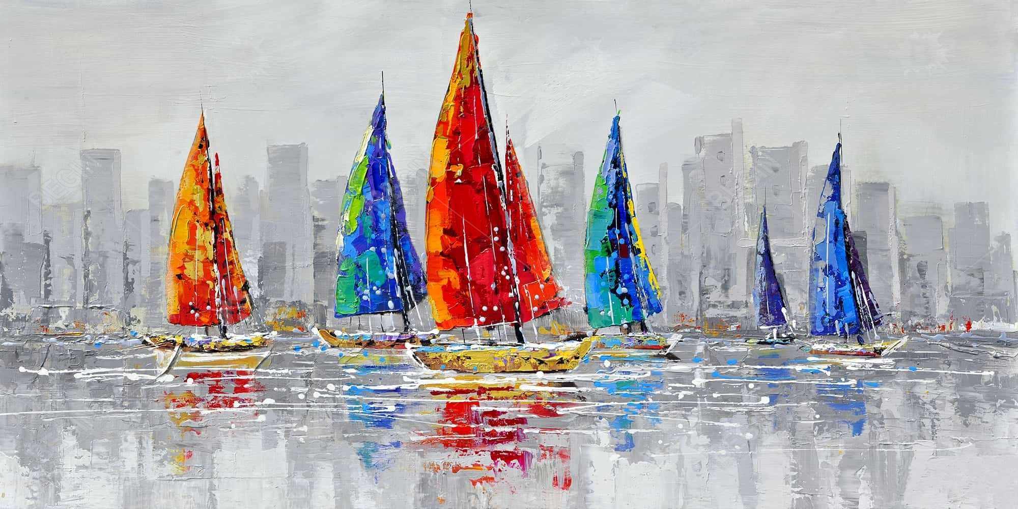 Bateaux colorés près d'une ville grise